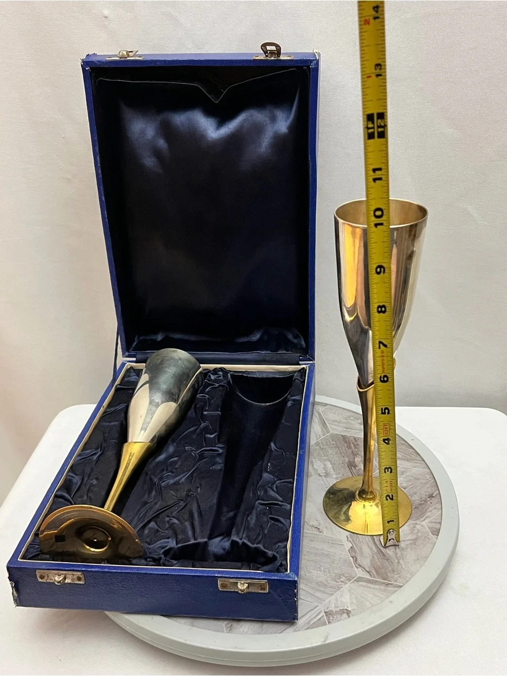 Vintage EPNS Champagne Flutes Pair Silver Gold Tone India Blue Case 10.5”